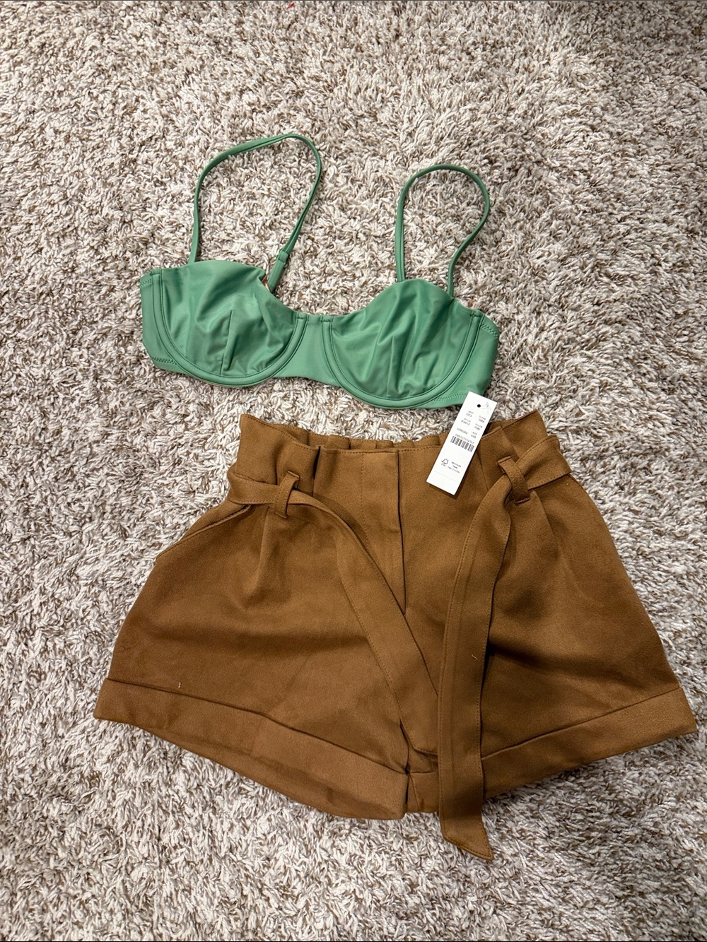 Aritzia Sage Green Underwire Bikini Top with Brown Shorts Accent